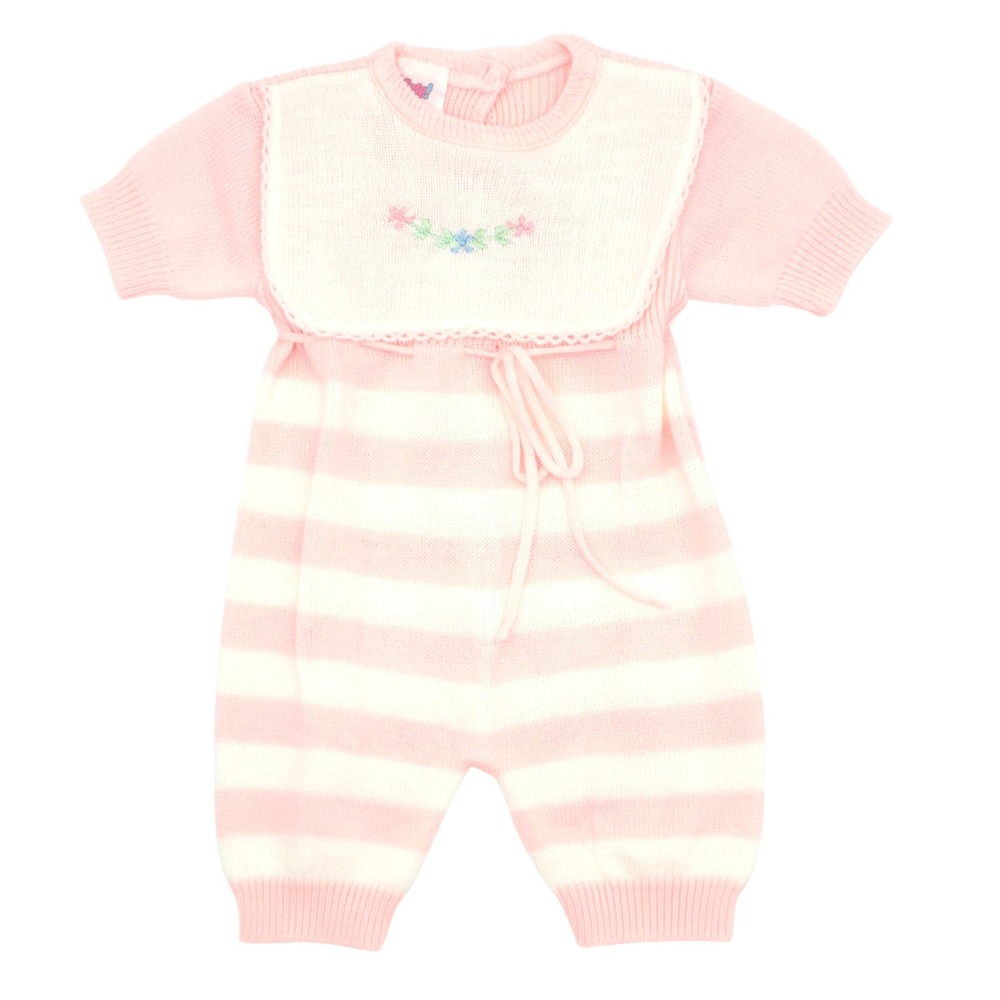 2-Cute! Girls Knit Romper Pink White Striped Floral Vintage 80s 3-6 Months